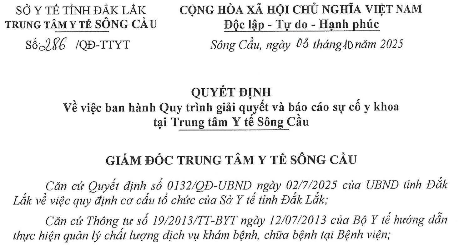 Quy trình giải quyết và báo cáo sự cố y khoa tại Trung tâm Y tế Sông Cầu